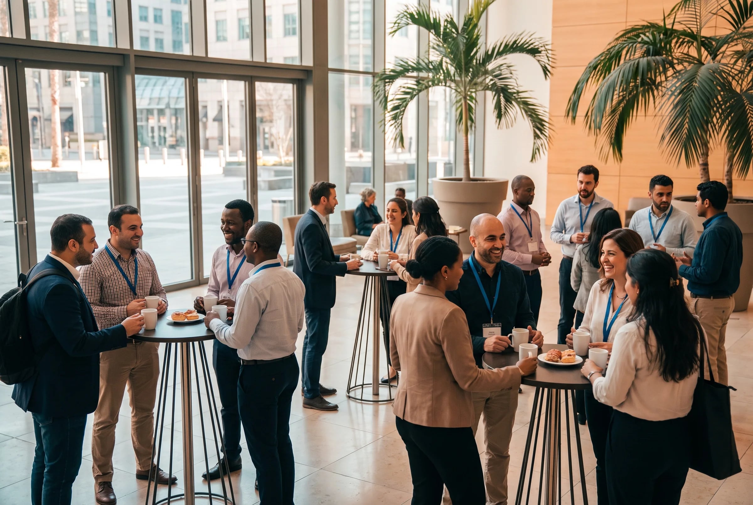 Researchers chatting in small groups over coffee in a bright conference atrium