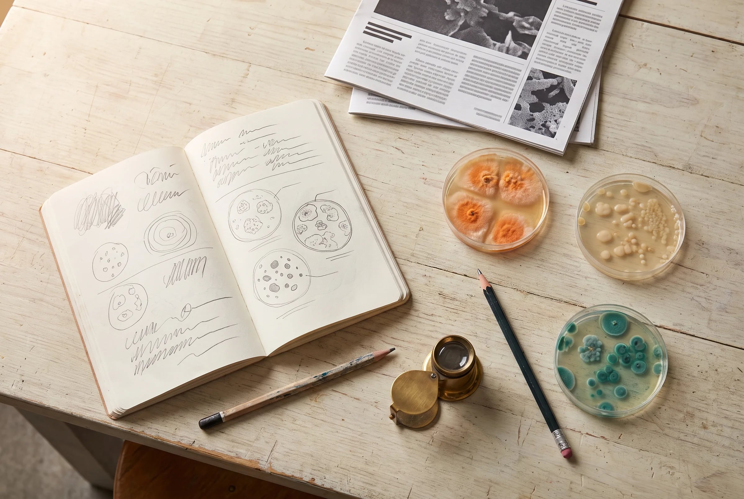 A field notebook with sketches of colonies, printed newsletters, petri dishes and a brass loupe on a wooden bench