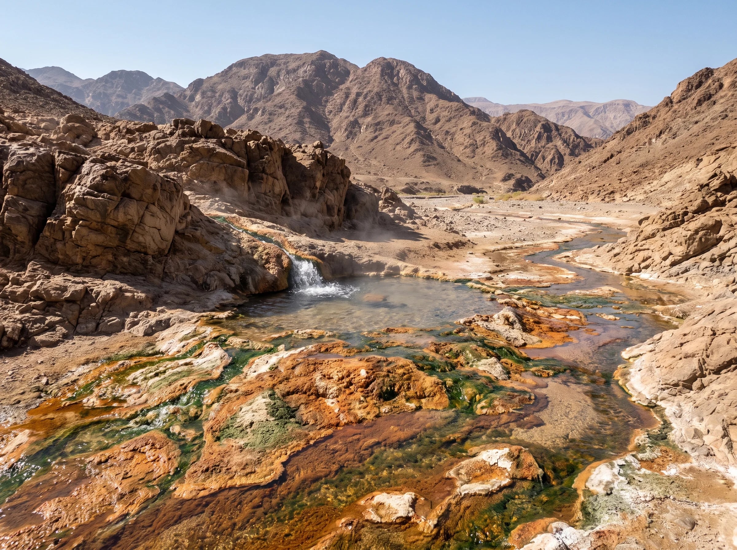 A hot spring channel coated in orange, green and cream microbial mats in a rocky desert valley