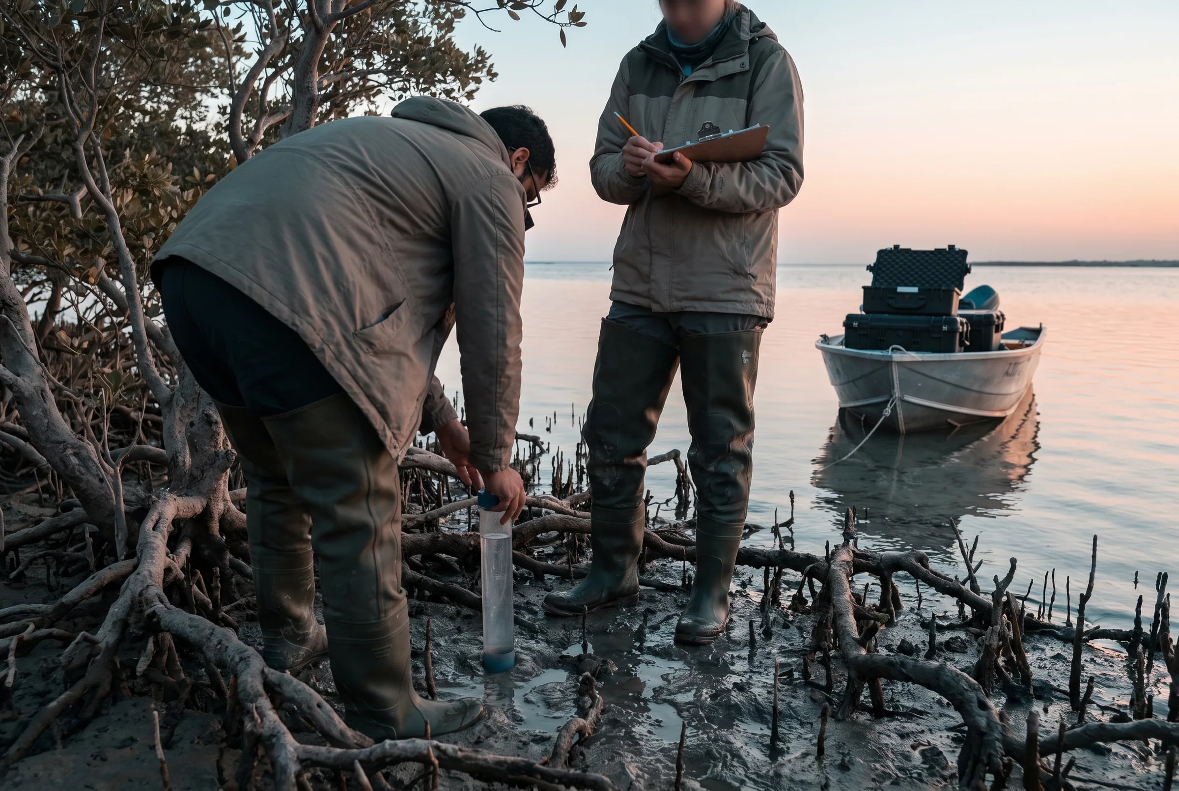 Two researchers in waders taking a sediment core among mangrove roots at dawn, a small boat behind them