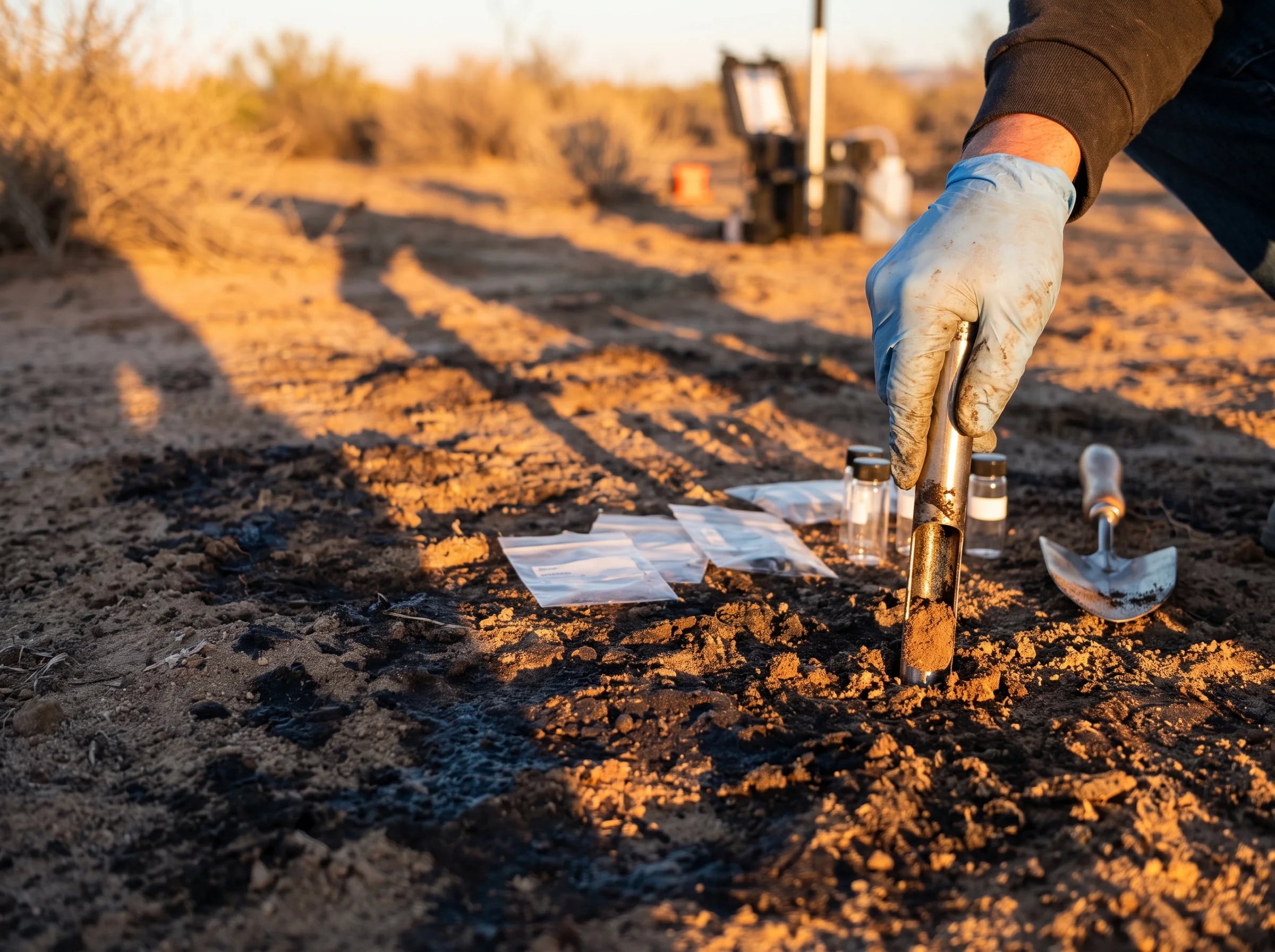 A gloved hand pushing a steel corer into oil-stained desert soil beside sample bags and tubes