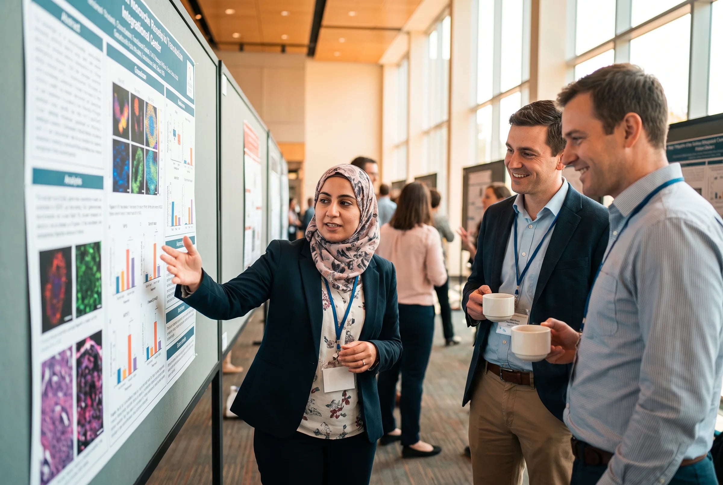 A researcher presents her poster to two colleagues holding coffee at a conference poster session