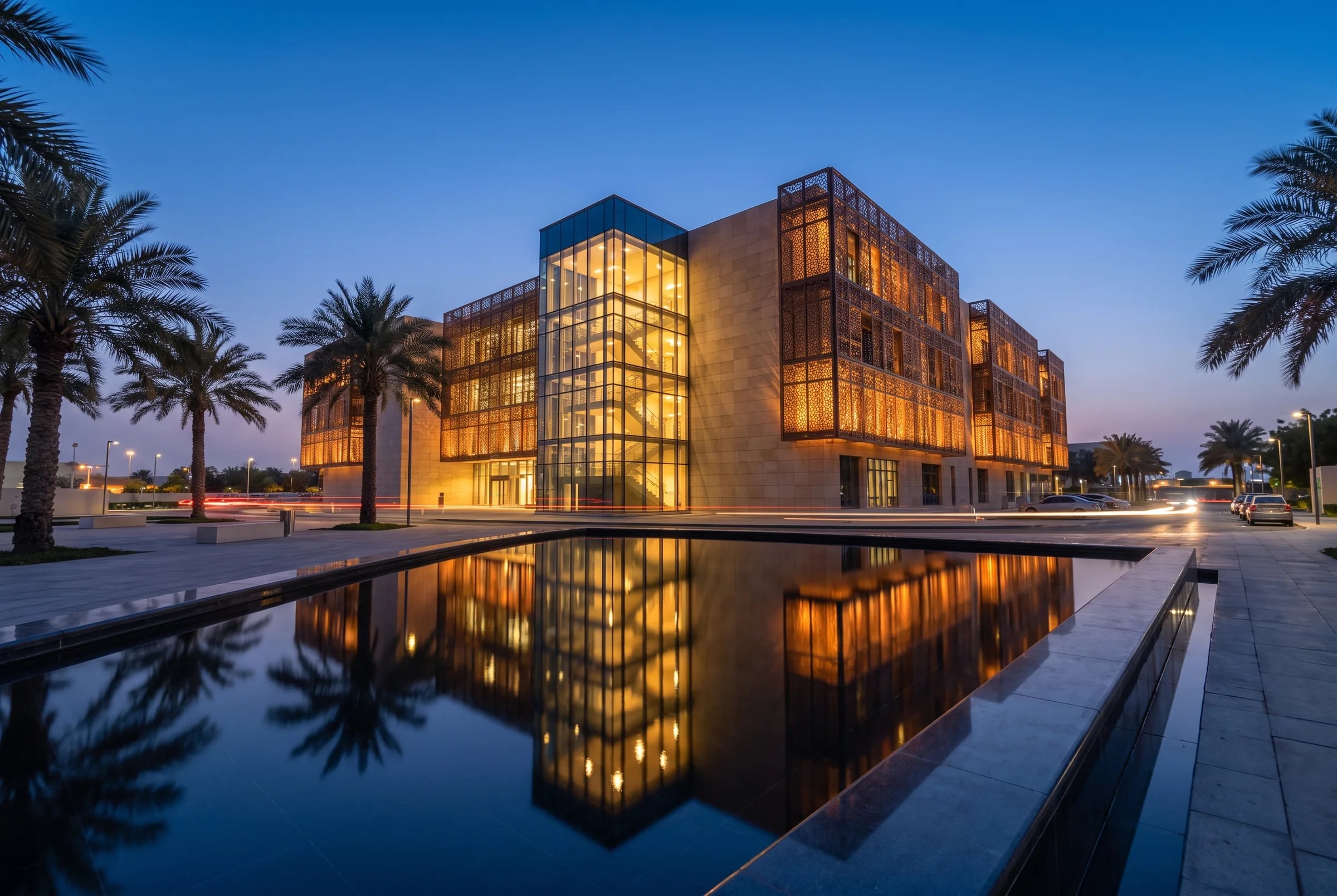 A modern research building with lit windows and palm trees reflected in a pool at dusk