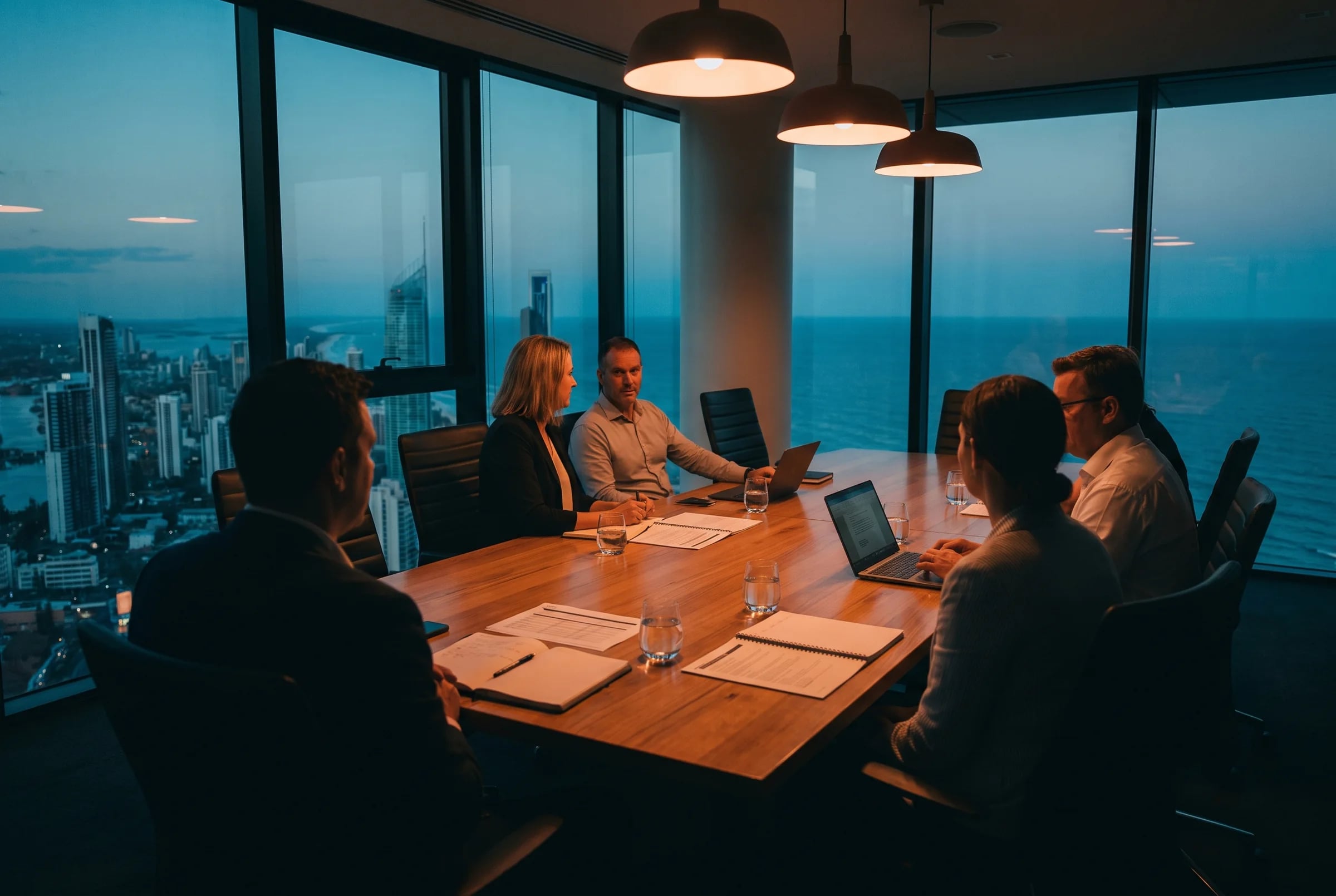A small committee meeting around a long table in a glass-walled room overlooking a coastal city at dusk