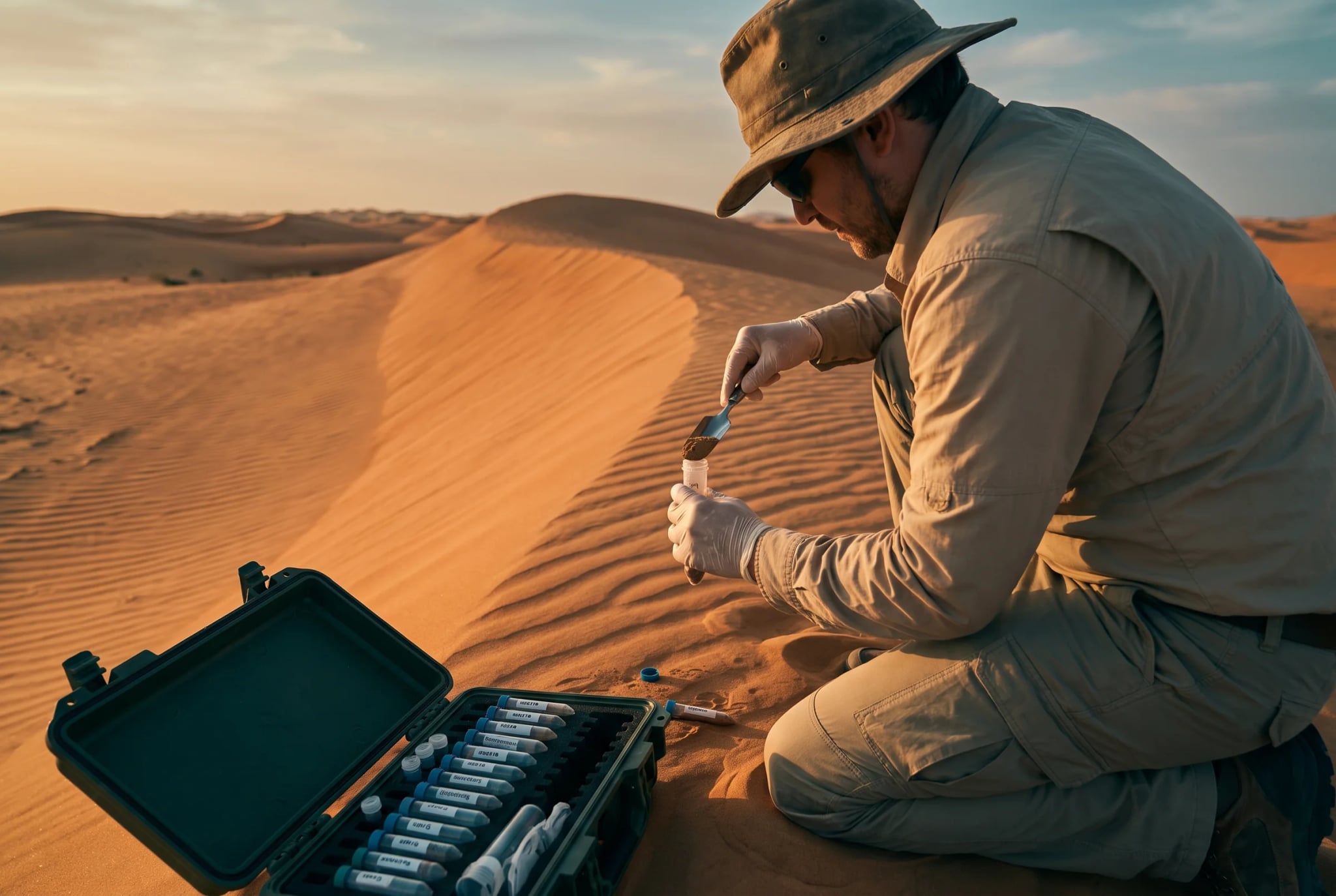 A field scientist kneeling on a dune at sunset, scooping sand into a sample tube beside an open case of tubes