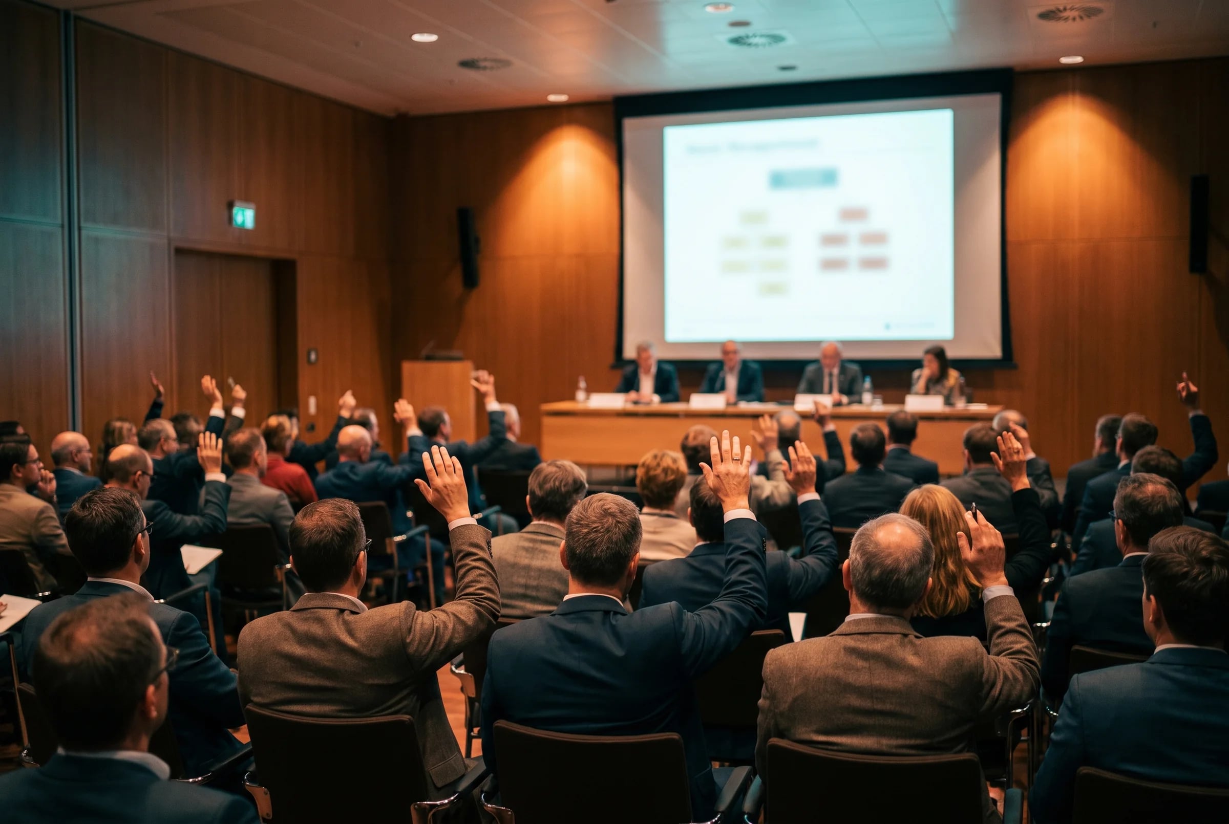 Members raise their hands to vote during a meeting, with a panel seated at the front of the room