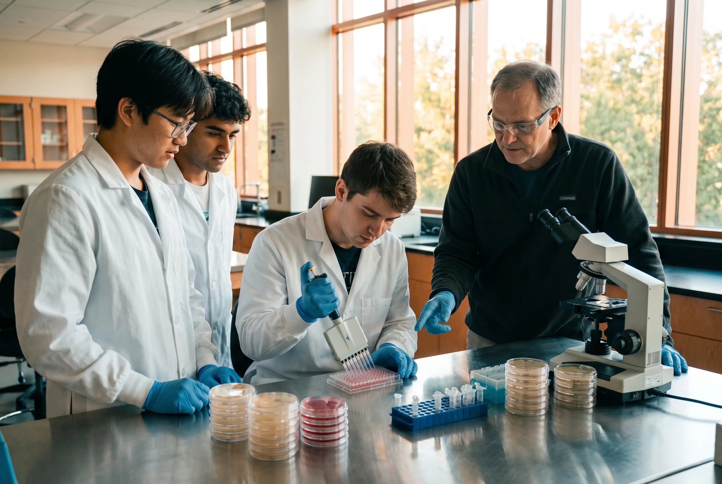 An instructor guides three young researchers pipetting samples at a lab bench lined with petri dishes